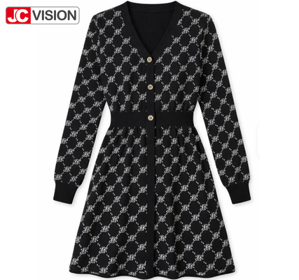 JCVISION 秋と冬 女性用 V ネック ニットドレス 通勤者様式